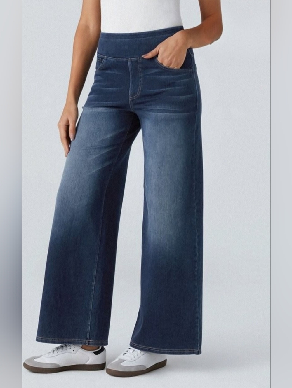 Halara FlexTM High Waisted Pockets Baggy Wide Leg Washed Casual Jeans Frost Blue
